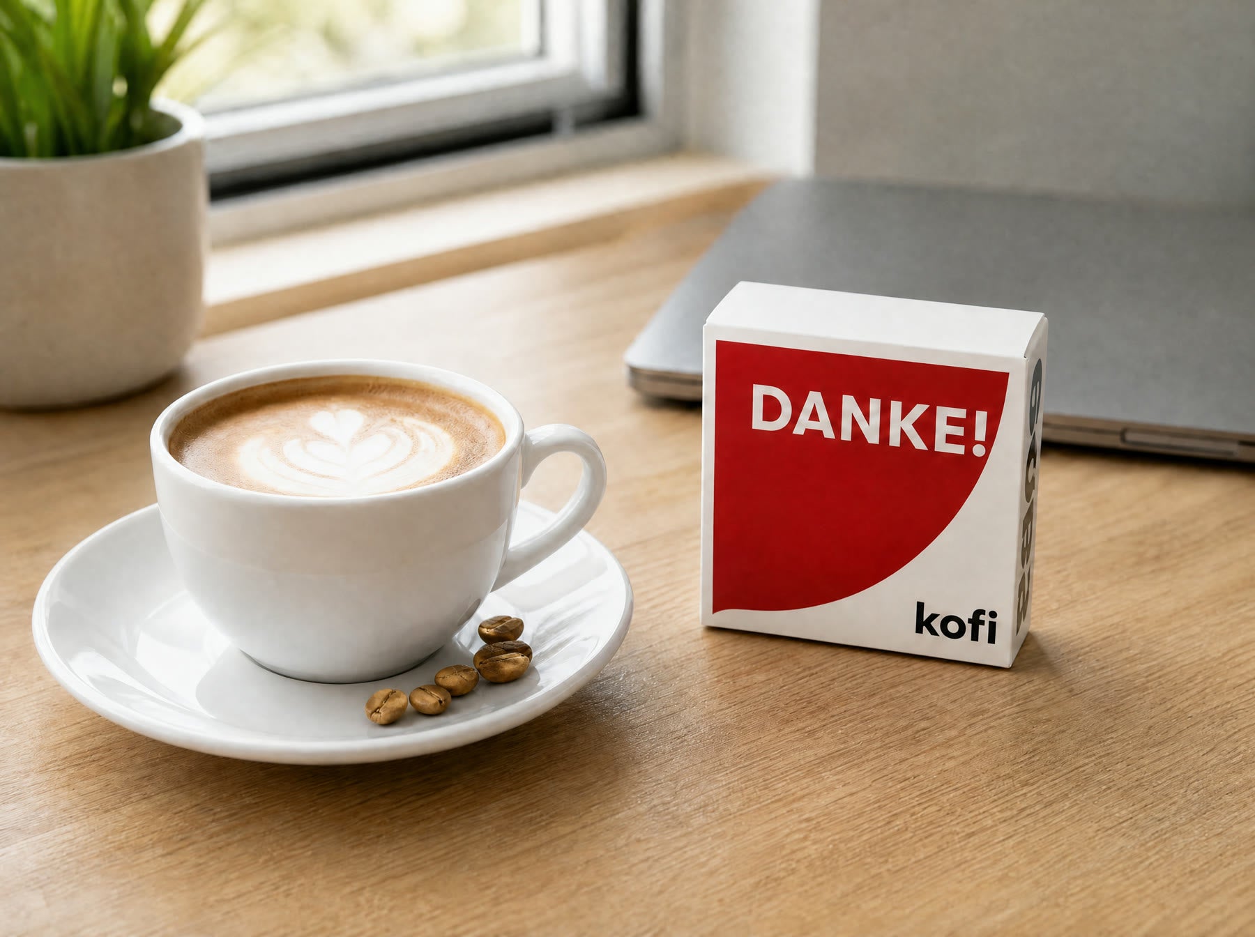 kofi Kaffeebox mit Aufdruck Danke neben einem Cappuccino auf einem Schreibtisch